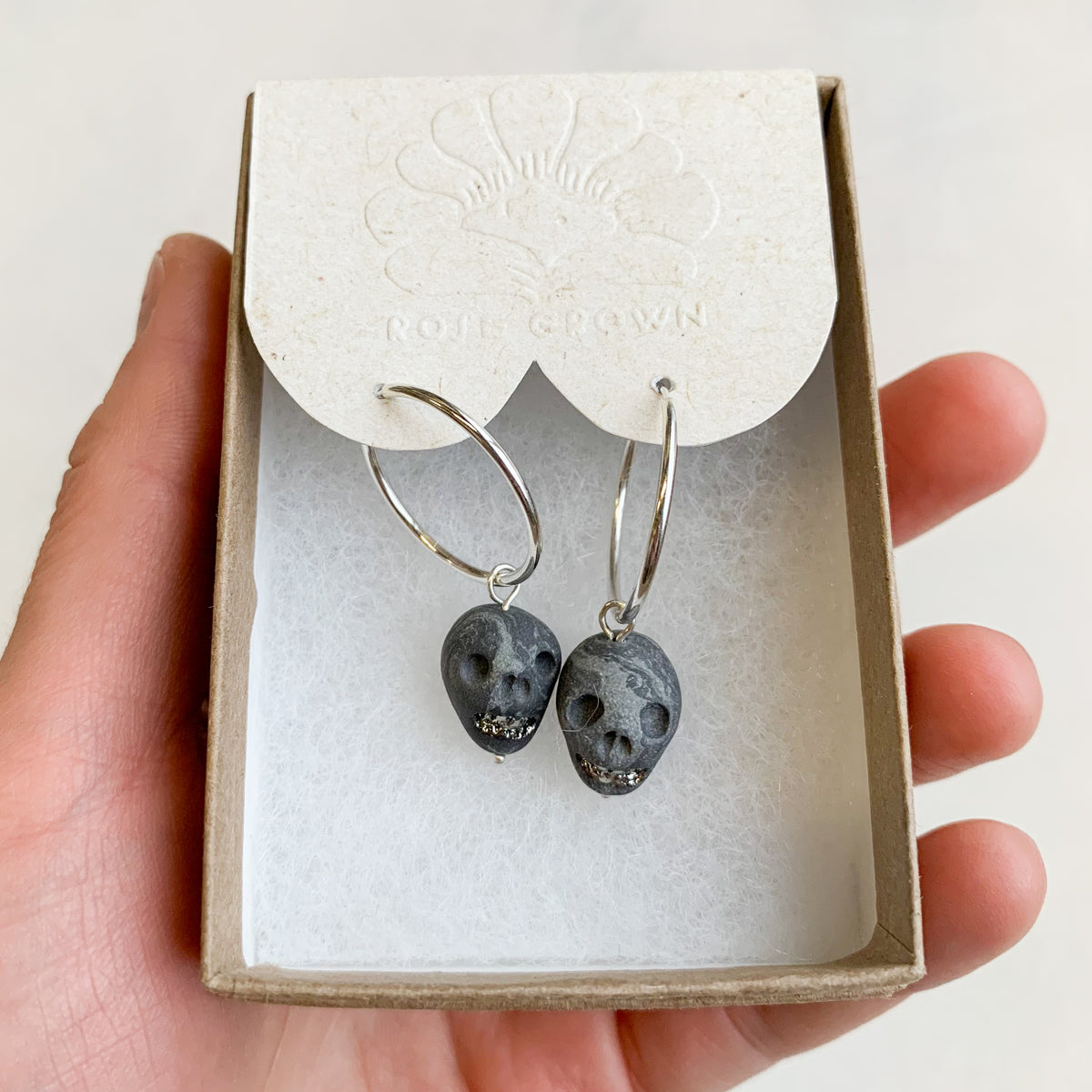 Skull Earrings -- Dark Grey Marble + Silver