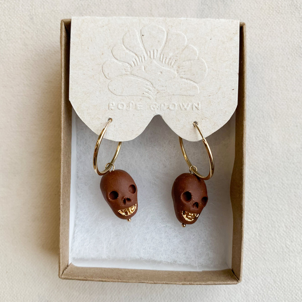 Skull Earrings -- Dark Red + Gold