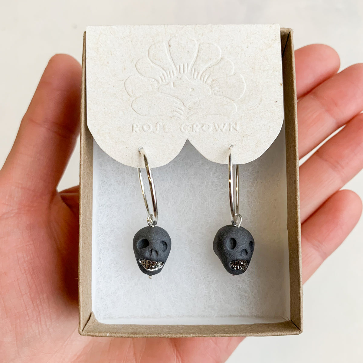 Skull Earrings -- Dark Grey + Silver