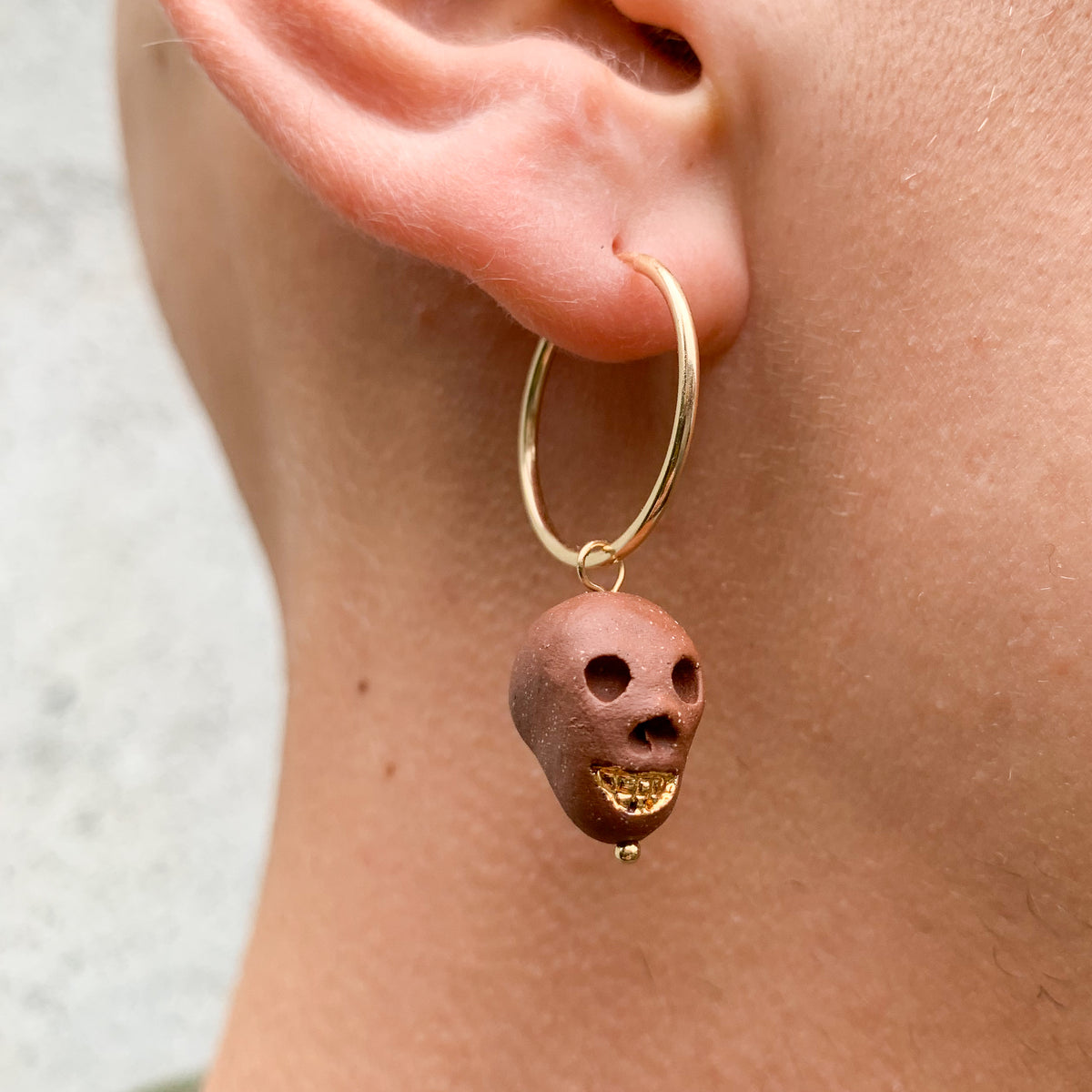 Skull Earrings -- Dark Red + Gold