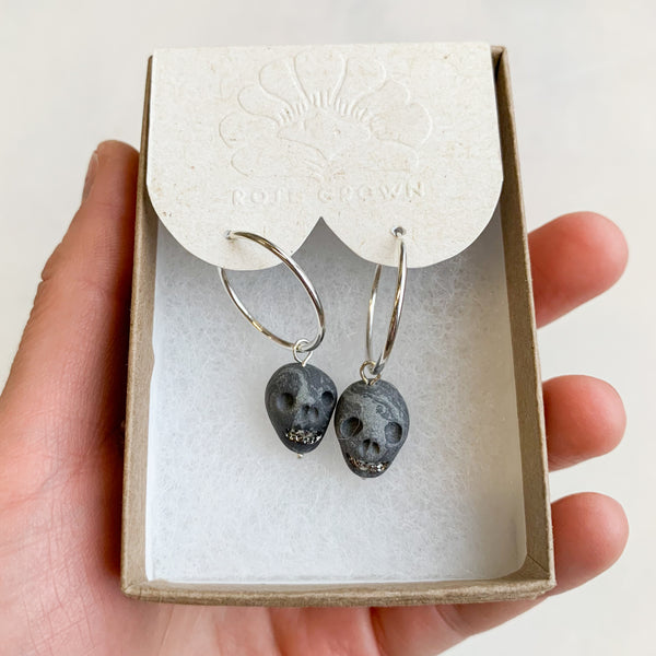 Skull Earrings -- Dark Grey Marble + Silver