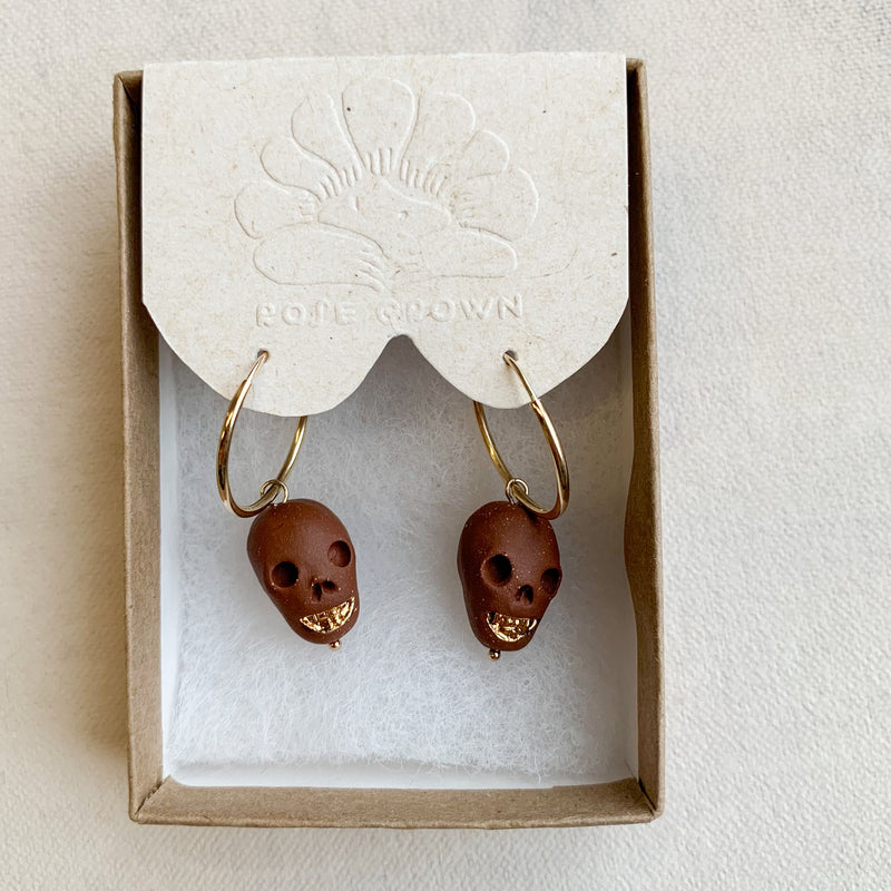 Skull Earrings -- Dark Red + Gold