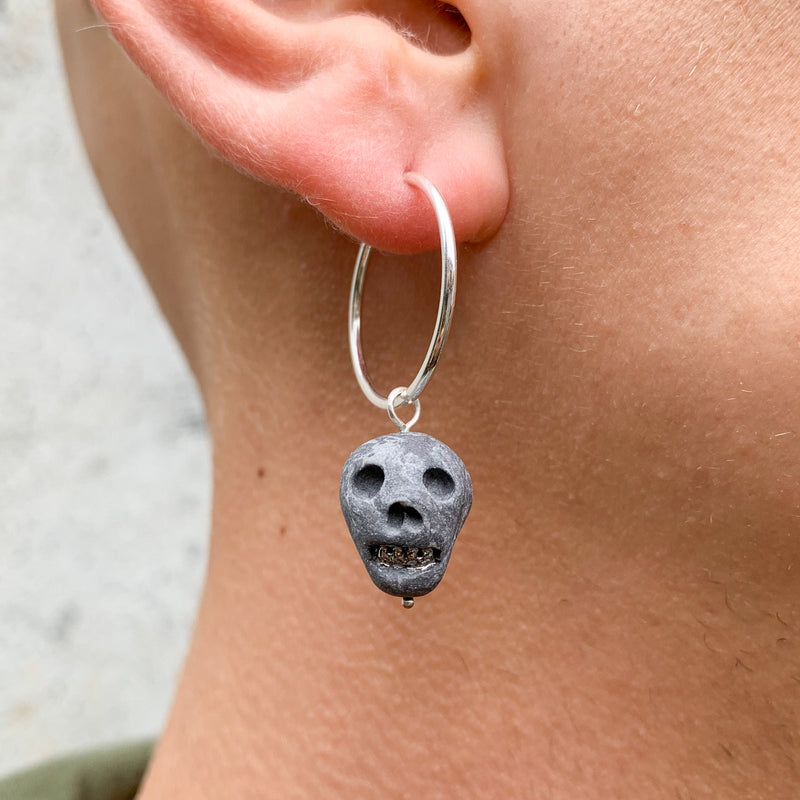 Skull Earrings -- Dark Grey Marble + Silver